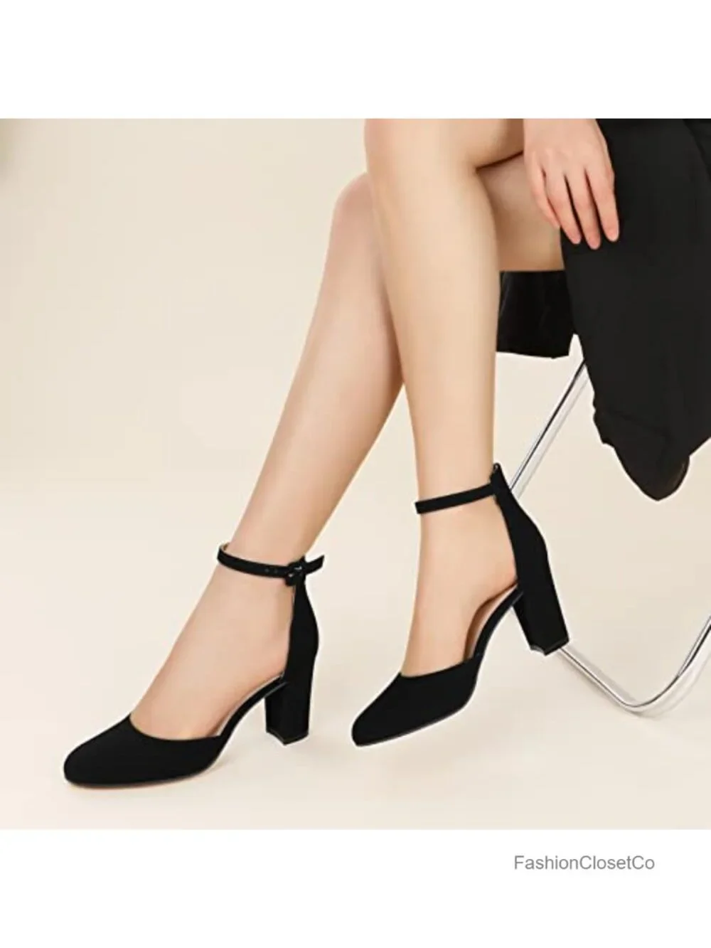 Womens Chunky Block Heel Pumps Closed Toe Ankle Strap 3 Inch Heels Dress Shoes